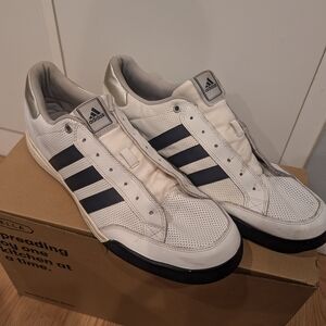 adidas White Sneakers with Black Stripes and Silver Accents